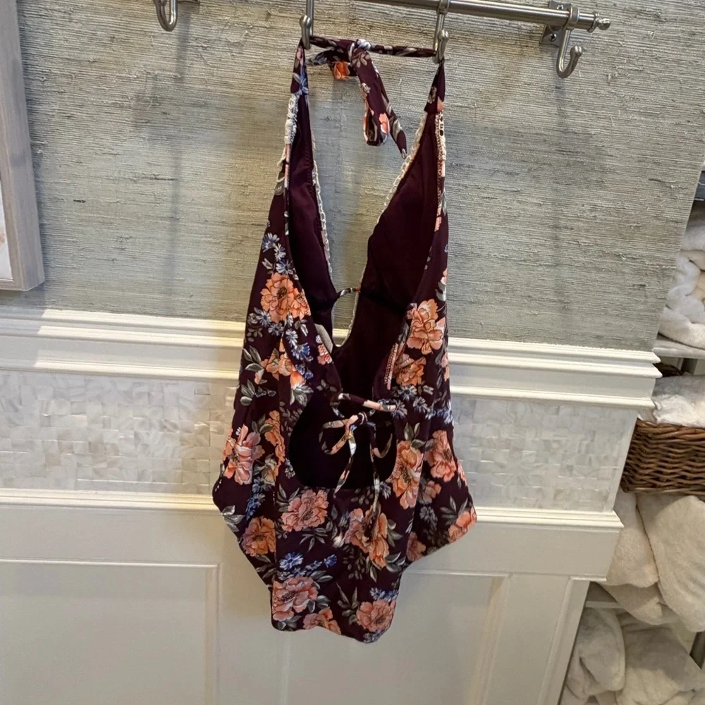 Large Kona sol one piece swimsuit lace front Plunge One-Piece burgundy crochet